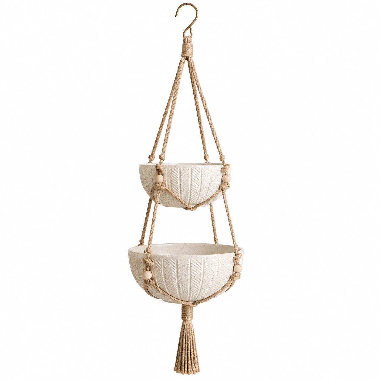 Hängeampel 20 cm Keramik Creme Makramee für Zimmerpflanzen zweistufig