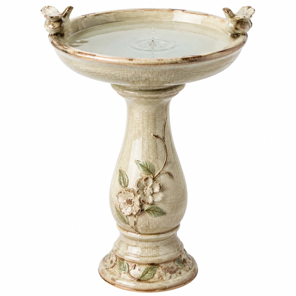 Vogelbad 45 cm Keramik Beige freistehend mit Vogelmotiven