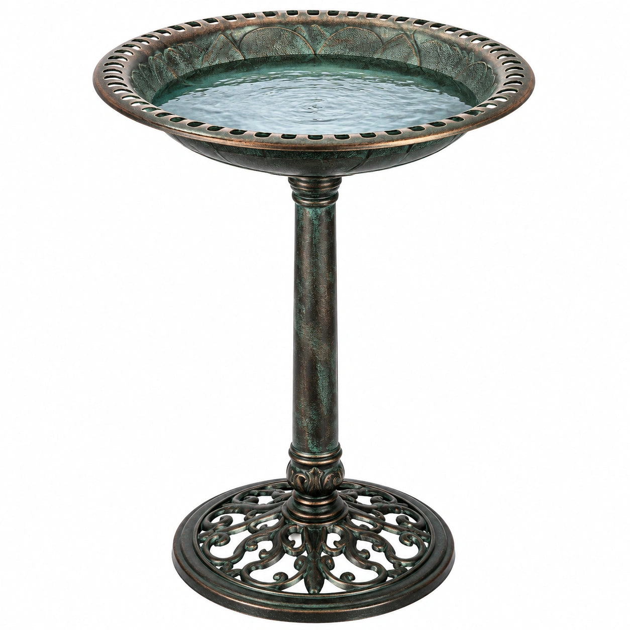 Vogelbad Ø 48 cm Metall Grünbraun mit Standfuß für Garten im klassischen Stil